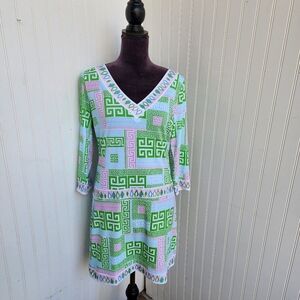 Macbeth Collection Women’s Dress Summer Tunic Boho Abstract Green Pink Stretch M
